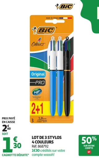LOT DE 3 STYLOS 4 COULEURS BIC