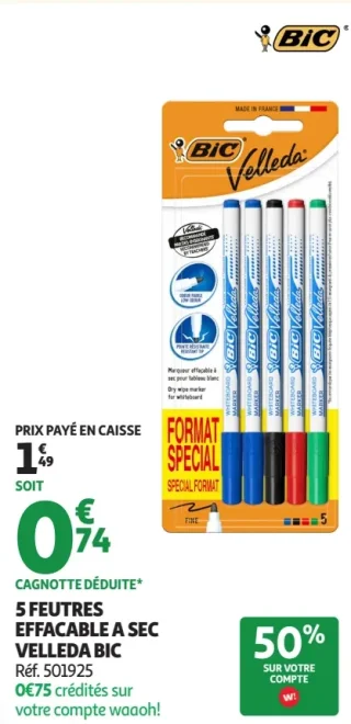 5 FEUTRES EFFACABLE A SEC VELLEDA BIC