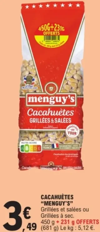 Cacahuètes "Menguy's" Grillées et salées ou Grillées à sec