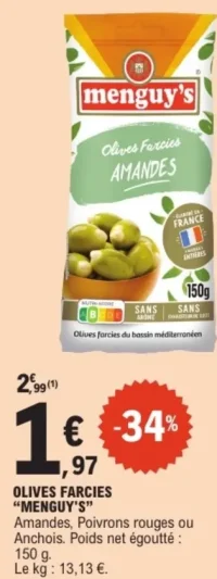Olives farcies "Menguy's" Amandes, Poivrons rouges ou Anchois