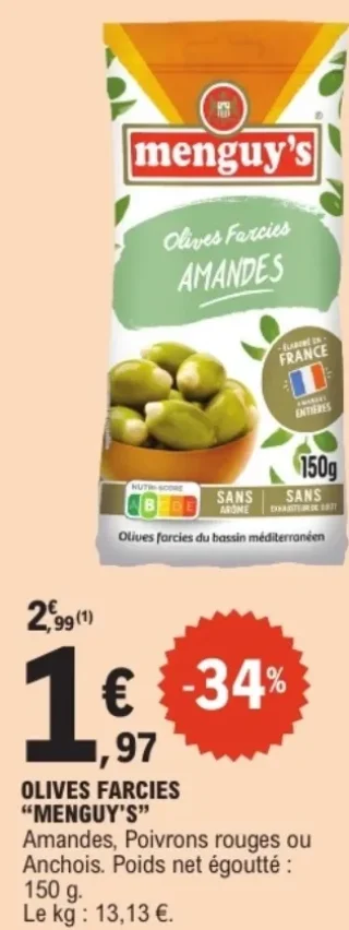 Olives farcies "Menguy's" Amandes, Poivrons rouges ou Anchois