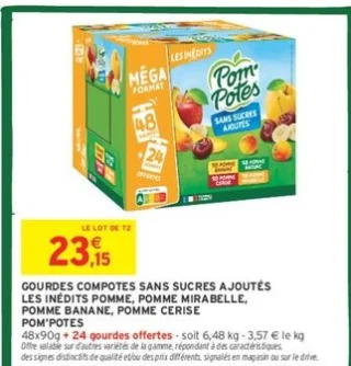 Gourdes compotes sans sucres ajoutés Les Inédits pomme, pomme mirabelle, pomme banane, pomme cerise Pom'Potes