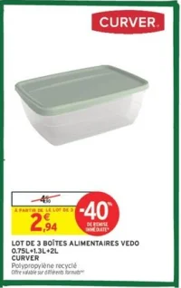 Lot de 3 boîtes alimentaires Vedo Curver 0.75L+1.3L+2L