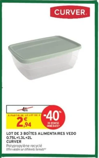 Lot de 3 boîtes alimentaires Vedo Curver 0.75L+1.3L+2L