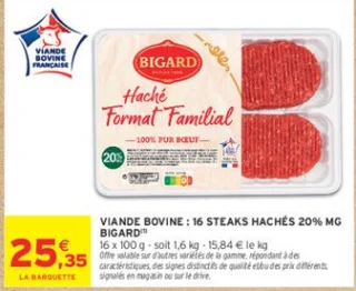 Viande Bovine : 16 Steaks Hachés 20% MG Bigard