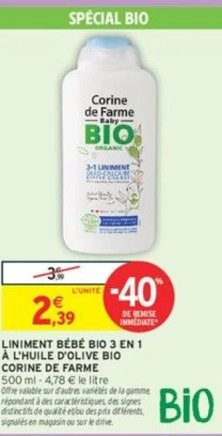 LINIMENT BÉBÉ BIO 3 EN 1 À L'HUILE D'OLIVE BIO CORINE DE FARME