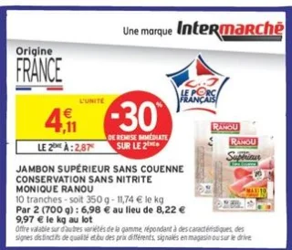JAMBON SUPÉRIEUR SANS COUENNE CONSERVATION SANS NITRITE MONIQUE RANOU