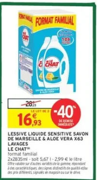 Lessive Liquide Sensitive Savon de Marseille & Aloe Vera x63 Lavages Le Chat