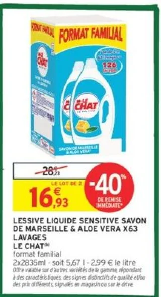Lessive Liquide Sensitive Savon de Marseille & Aloe Vera x63 Lavages Le Chat