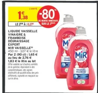 Mir Vaisselle Liquide vaisselle vinaigre & framboise dégraissage expert