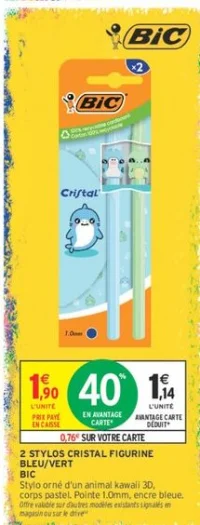 2 Stylos Cristal Figurine Bleu/Vert BIC