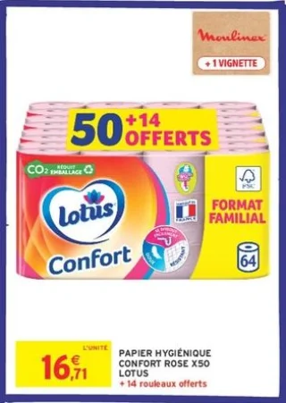 Papier hygiénique Lotus Confort Rose x50 + 14 rouleaux offerts