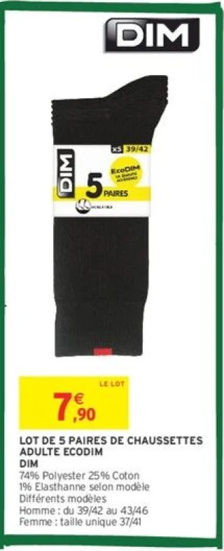 LOT DE 5 PAIRES DE CHAUSSETTES ADULTE ECODIM DIM
