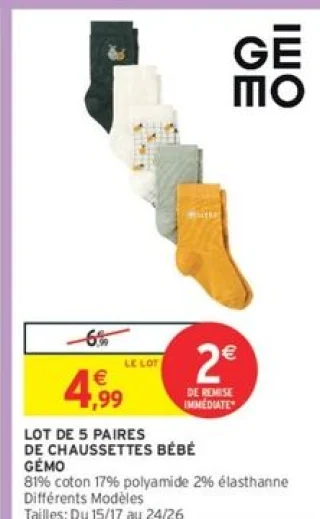 LOT DE 5 PAIRES DE CHAUSSETTES BÉBÉ GÉMO