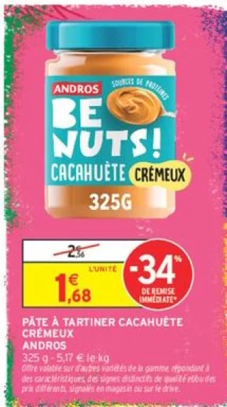 Pâte à tartiner cacahuète crémeux Andros Be Nuts!