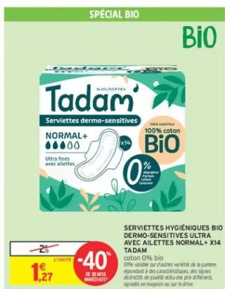 Serviettes hygiéniques bio dermo-sensitives Ultra avec ailettes Normal+ x14 Tadam