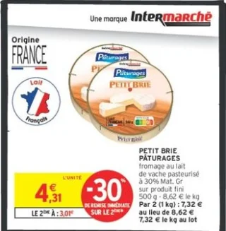 Petit Brie Pâturages fromage au lait de vache pasteurisé à 30% Mat. Gr