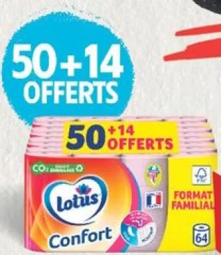 Papier toilette Lotus Confort Format Familial 50+14 rouleaux offerts