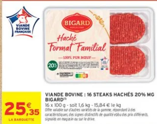 Viande bovine : 16 Steaks hachés 20% MG Bigard Format Familial