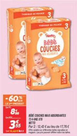 Bébé couches maxi absorbantes t3 4-9kg x70