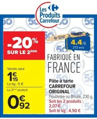 Pâte à tarte CARREFOUR ORIGINAL Feuilletée ou Brisée, 230 g