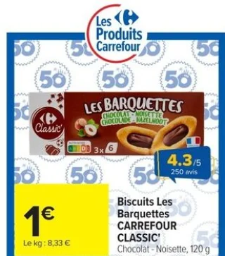 Biscuits Les Barquettes Carrefour Classic Chocolat - Noisette