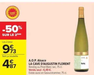 A.O.P. Alsace LA CAVE D'AUGUSTIN FLORENT Riesling ou Pinot Blanc sec, 75 cl.