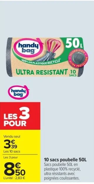 Handy Bag 10 sacs poubelle 50L