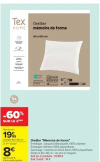 Oreiller mémoire de forme Tex Home 60 x 60 cm