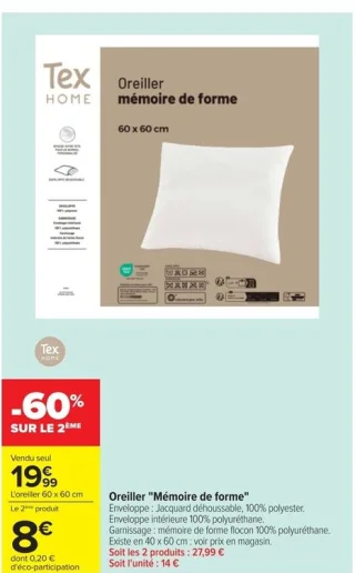 Oreiller mémoire de forme Tex Home 60 x 60 cm