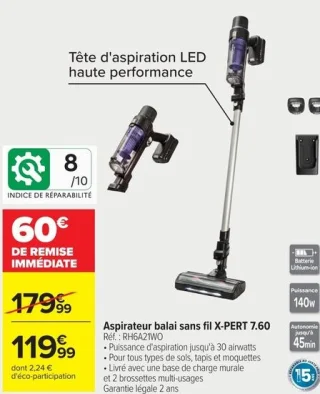 Aspirateur balai sans fil Rowenta X-PERT 7.60