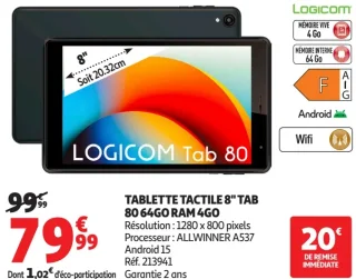 LOGICOM Tablette Tactile 8" Tab 80 64GO RAM 4GO