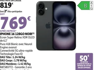Apple iPhone 16 128Go Noir