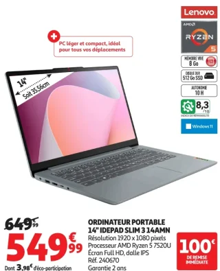 Lenovo ORDINATEUR PORTABLE 14" IDEAPAD SLIM 3 14AMN
