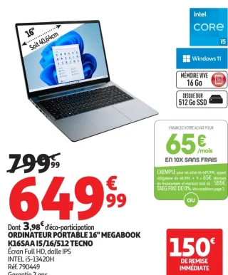 ORDINATEUR PORTABLE 16" MEGABOOK K16SAA I5/16/512 TECNO