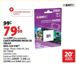 CARTE MÉMOIRE MICRO SD 256 GO UHS-I U3 V30 EMTEC