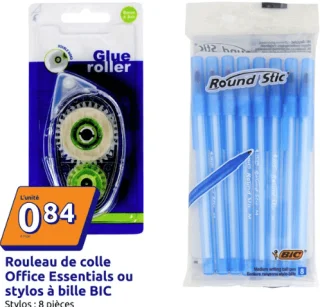 Rouleau de colle Office Essentials ou stylos à bille BIC