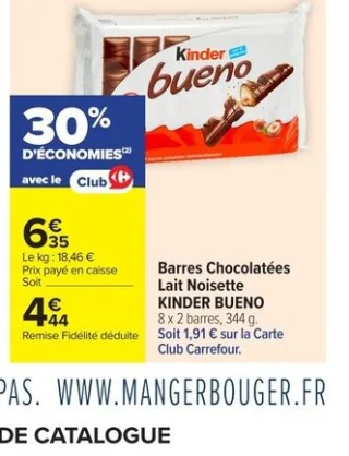 Barres Chocolatées Lait Noisette KINDER BUENO