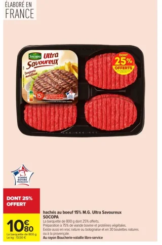 hachés au boeuf 15% M.G. Ultra Savoureux SOCOPA