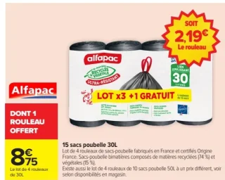 Lot de 4 rouleaux de sacs poubelle 30L Alfapac