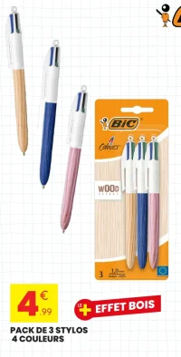 BIC Pack de 3 stylos 4 couleurs Effet Bois (Wood Effect)