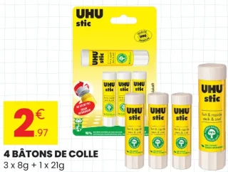 UHU stic 4 BÂTONS DE COLLE 3 x 8g + 1 x 21g