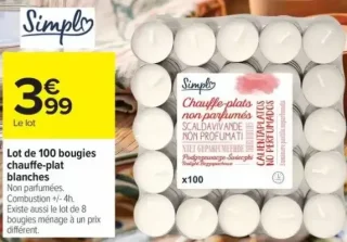 Simpl Lot de 100 bougies chauffe-plat blanches