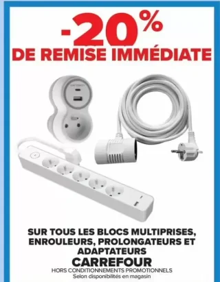 Blocs multiprises, enrouleurs, prolongateurs et adaptateurs Carrefour
