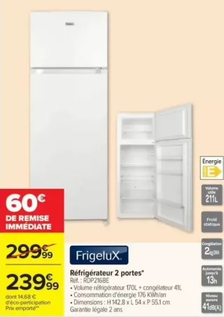 Frigelux Réfrigérateur 2 portes Réf. : RDP216BE