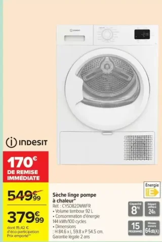 INDESIT Sèche linge pompe à chaleur CYSD82DWWFR