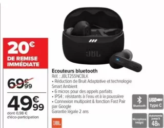 Ecouteurs bluetooth JBL JBLT255NCBLK