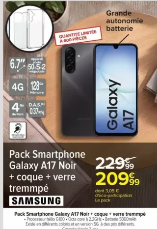 Pack Smartphone Galaxy A17 Noir + coque + verre trempé