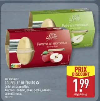 All Seasons Coupelles de fruits pomme, poire, pêche, ananas ou multifruits