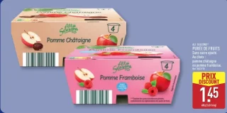 ALL SEASONS® PURÉE DE FRUITS Sans sucre ajouté. Au choix : pomme châtaigne ou pomme framboise.